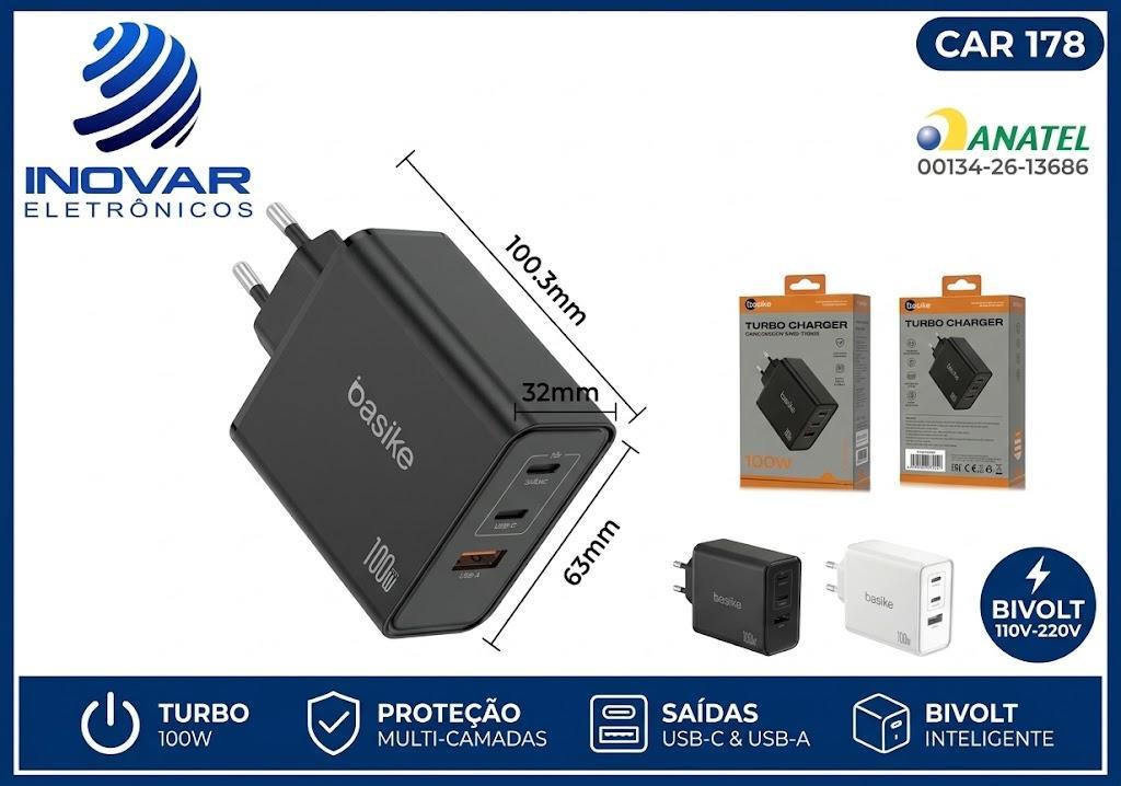 CAR 178 FONTE CARREGADOR TURBO PRO GAN 100W 3 SAIDAS 1 USB-A 2 USB-C PD E QC 3.0 MD-CAR 275
