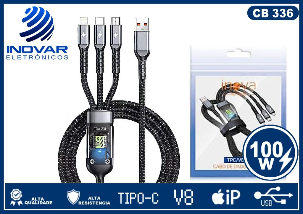 CB 336 CABO 3 EM 1 USB V8 / TIPO C / LIGHTNING 100W MD-12786