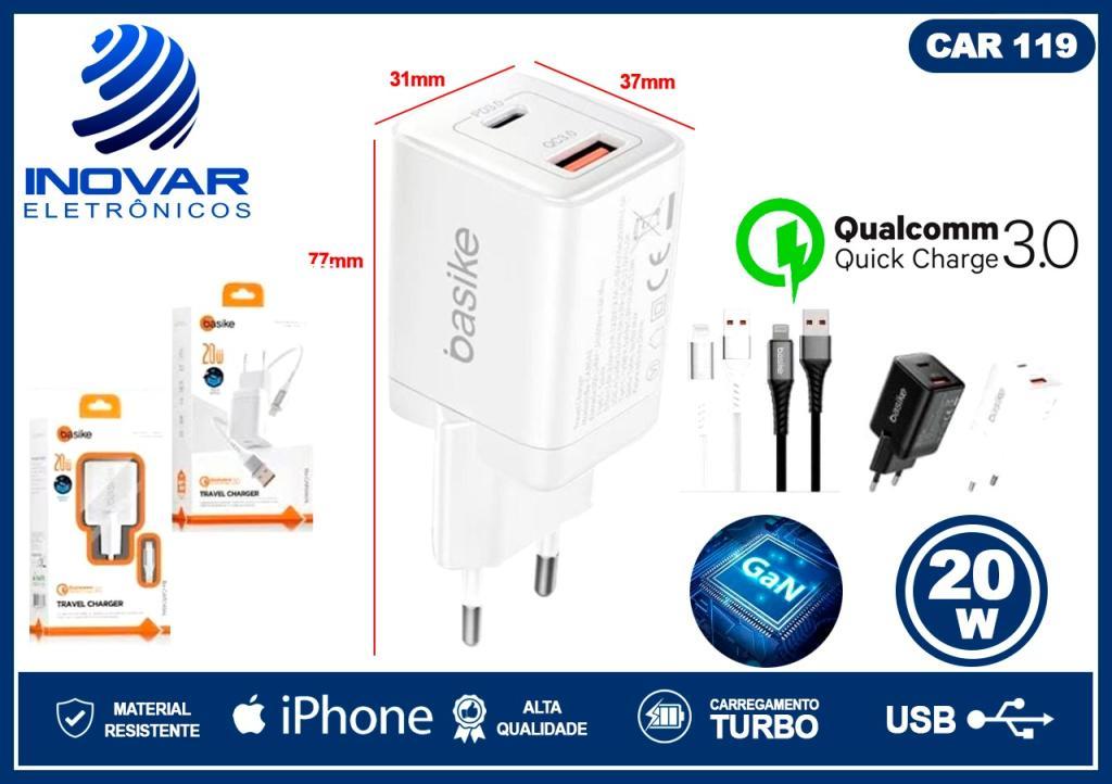 CAR 119 CARREGADOR TURBO 20W GAN COM SAIDA TIPO C COM CABO USB-A LIGHTNING BA-CAR 068 046 AL