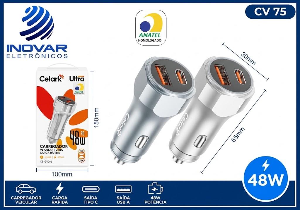 CV 75 CARREGADOR VEICULAR TURBO 1 USB 1PD 48W LE-536 537 CE-G1066