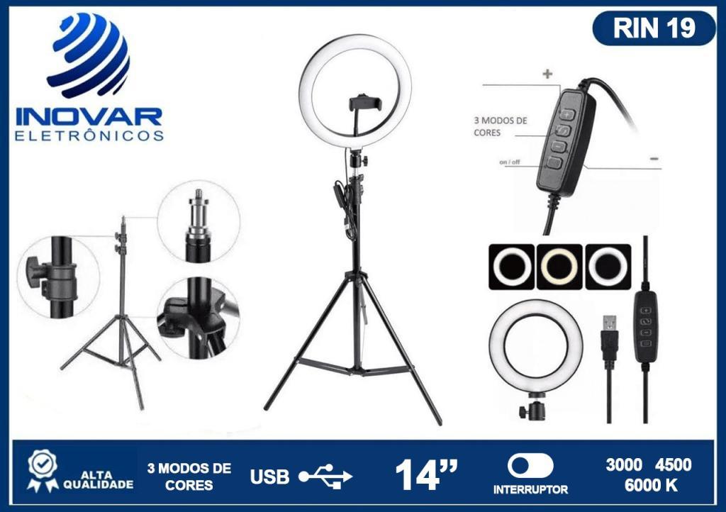 RIN 19 RING LIGHT 14´´  (36,4cm) COM TRIPÉ DE 2,10 METROS E SUPORTE PARA CELULAR A1225