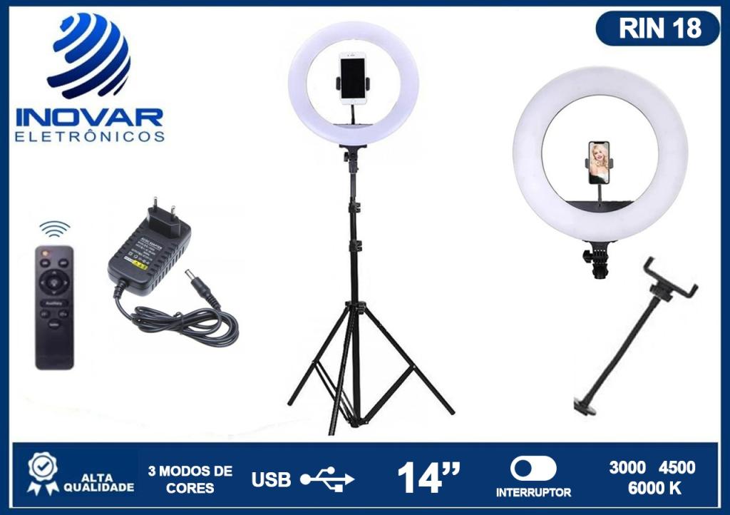 RIN 18 RING LIGHT 14´´ (36,4cm) COM TRIPÉ DE 2,10 METROS COM CONTROLE REMOTO A2871