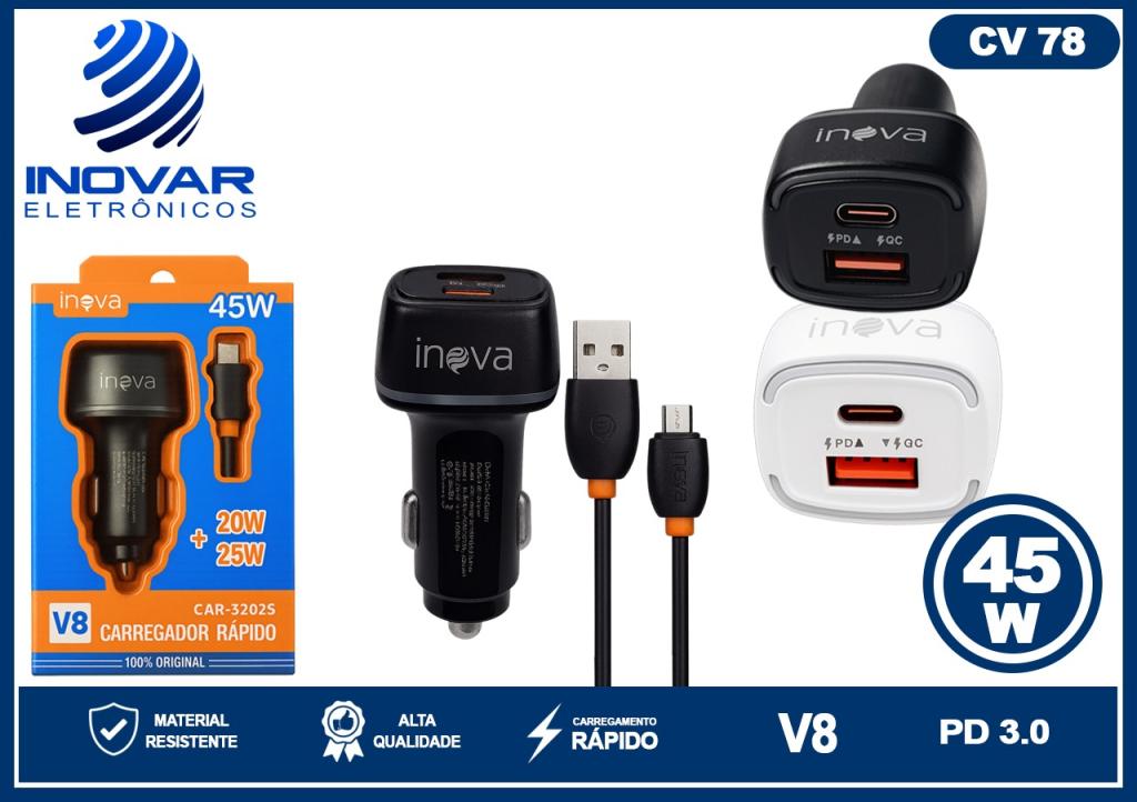 CV 78 CARREGADOR VEICULAR TURBO 45W QC+PD 1 SAIDA USB 1 PD COM CABO V8 CAR-3202 S