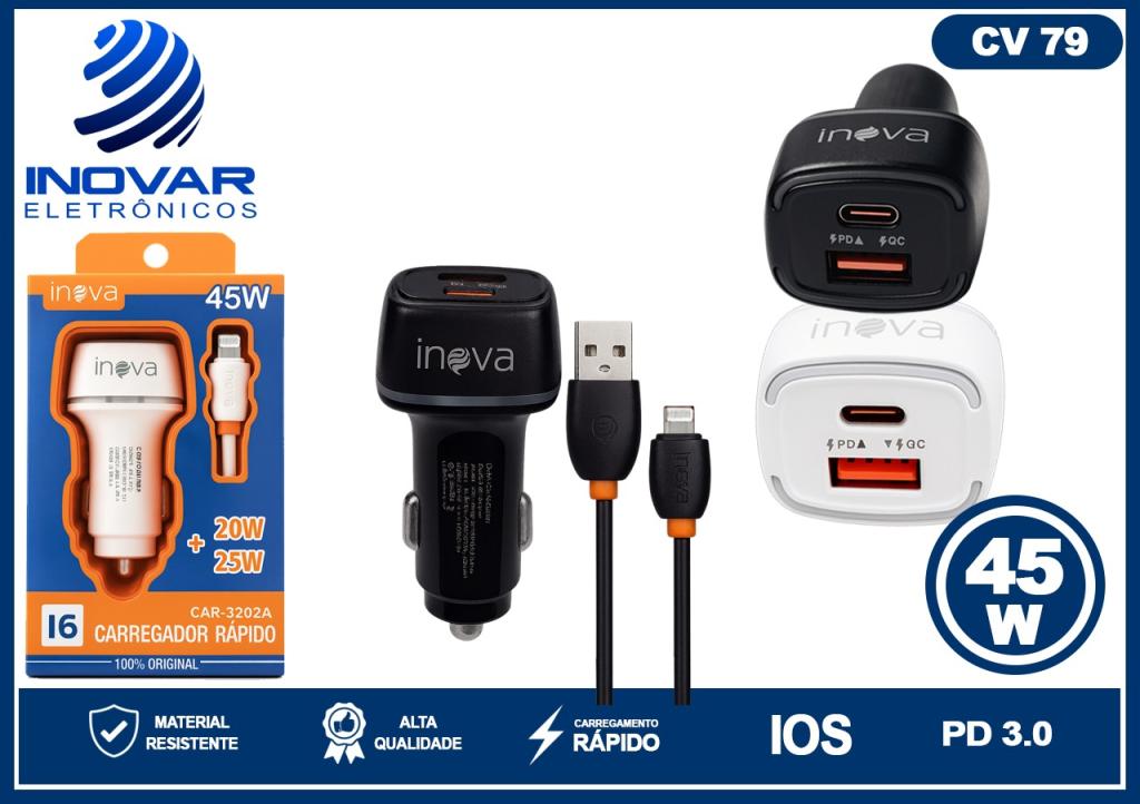 CV 79 CARREGADOR VEICULAR TURBO 45W QC+PD 1 SAIDA USB 1 PD COM CABO LIGHTNING (IPHONE) CAR-3202 A