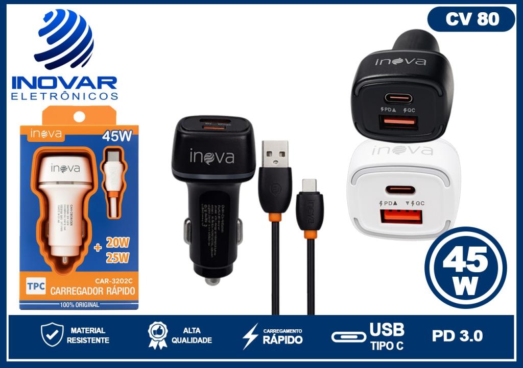 CV 80 CARREGADOR VEICULAR TURBO 45W QC+PD 1 SAIDA USB 1 PD COM CABO TIPO C CAR-3202 C