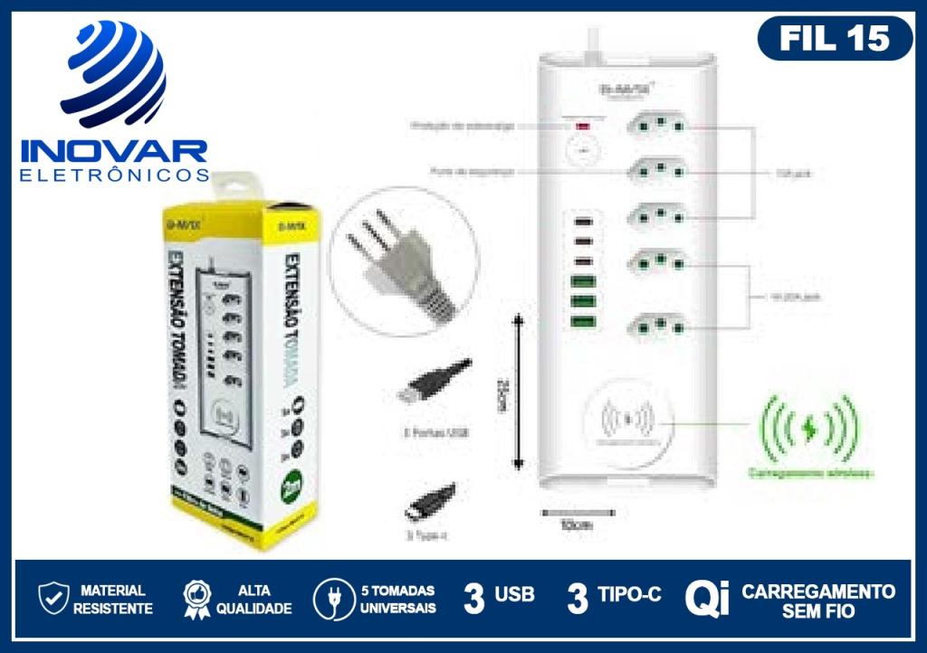 FIL 15 EXTENSÃO TOMADA 2 METROS 5 TOMADAS 3 USB-A 3 USB-C CARREGADOR POR INDUÇAO  BM-8710