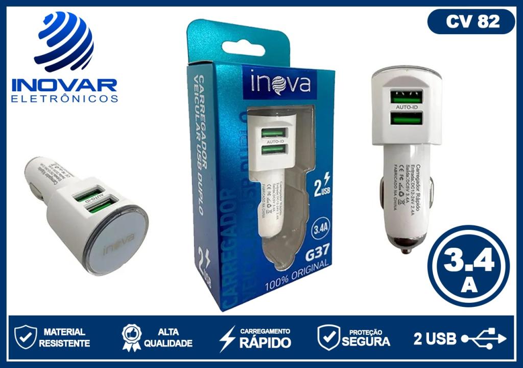 CV 82 CARREGADOR VEICULAR 2 SAIDAS USB 3.4a AUTO-ID G37