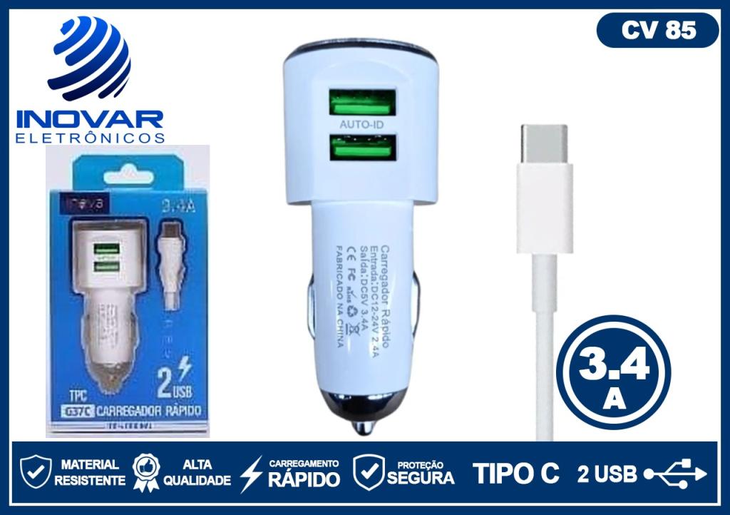 CV 85 CARREGADOR VEICULAR COM CABO TIPO C 2 SAIDAS USB 3.4a AUTO-ID G37C
