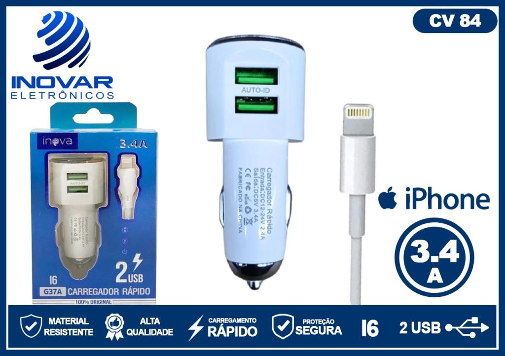 CV 84 CARREGADOR VEICULAR COM CABO LIGHTNING (IPHONE) 2 SAIDAS USB 3.4a AUTO-ID G37A