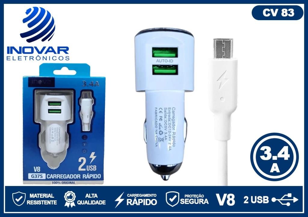 CV 83 CARREGADOR VEICULAR COM CABO V8 2 SAIDAS USB 3.4a AUTO-ID G37S
