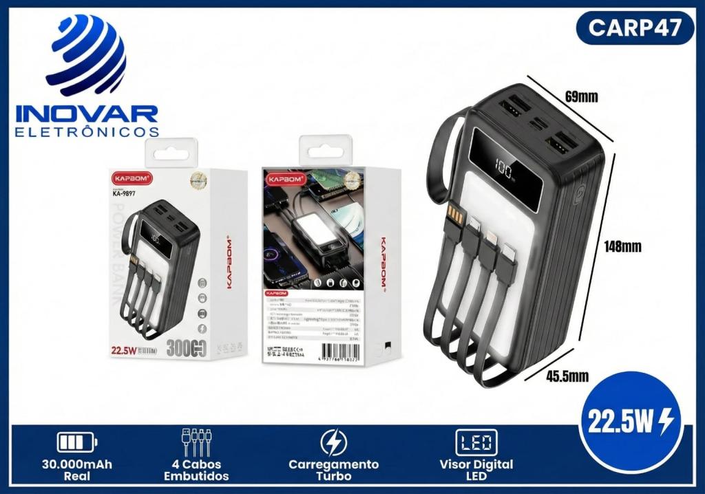 CARP 47 CARREGADOR PORTATIL POWER BANK KA-9897 30.000 mAh