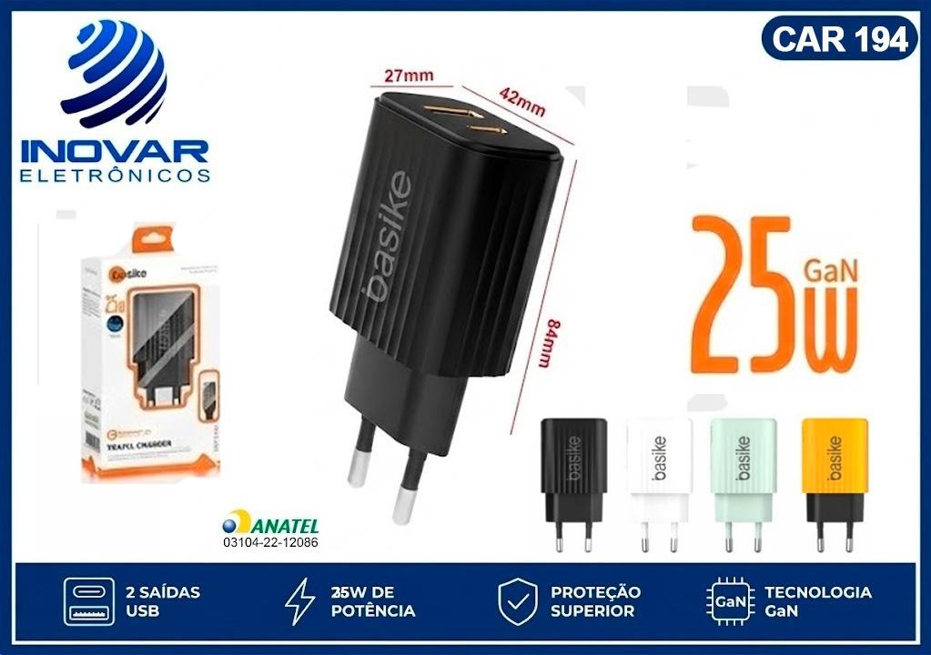 CAR 194 CARREGADOR FONTE 2 SAIDA 1 USB C 1 USB A 25W GAN BA-CAR 3164 F