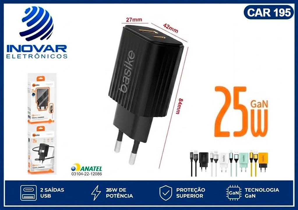 CAR 195 CARREGADOR 2 SAIDA 1 USB C 1 USB A 25W GAN COM CABO IPHONE  BA-CAR 3164 A