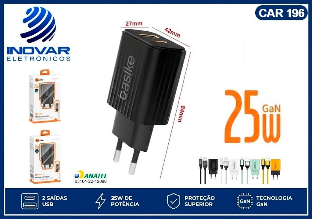 CAR 196 CARREGADOR 2 SAIDA 1 USB C 1 USB A 25W GAN COM CABO TIPO C  BA-CAR 3164 C