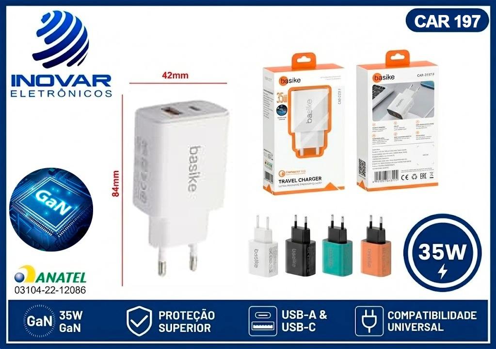 CAR 197 CARREGADOR FONTE 2 SAIDA 1 USB C 1 USB A 35W GAN BA-CAR 3137 F