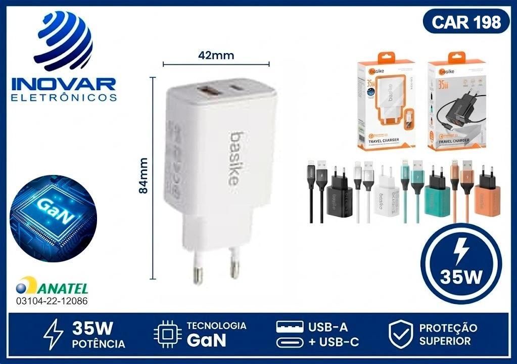 CAR 198 CARREGADOR 2 SAIDA 1 USB C 1 USB A 35W GAN COM CABO IPHONE  BA-CAR 3137 A