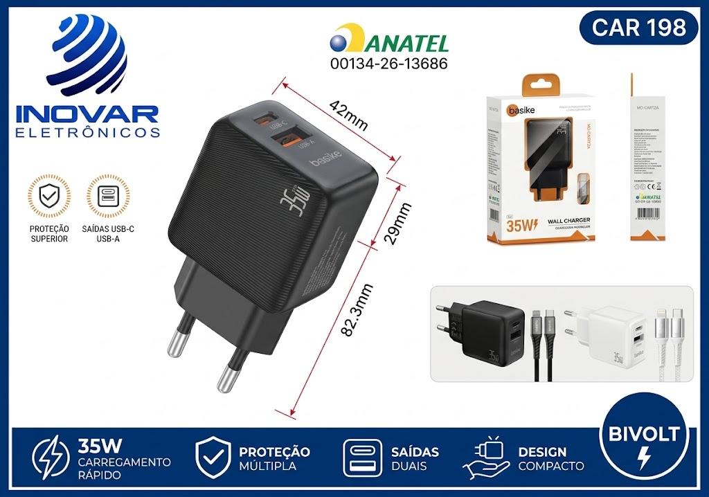 CAR 198 CARREGADOR 2 SAIDA 1 USB C 1 USB A 35W GAN COM CABO IPHONE  BA-CAR 3137 A CAR 272 A