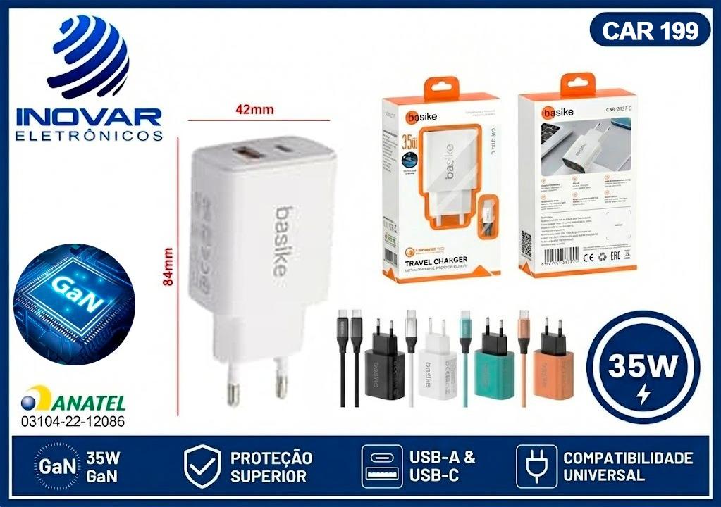CAR 199 CARREGADOR 2 SAIDA 1 USB C 1 USB A 35W GAN COM CABO TIPO C  BA-CAR 3137 C
