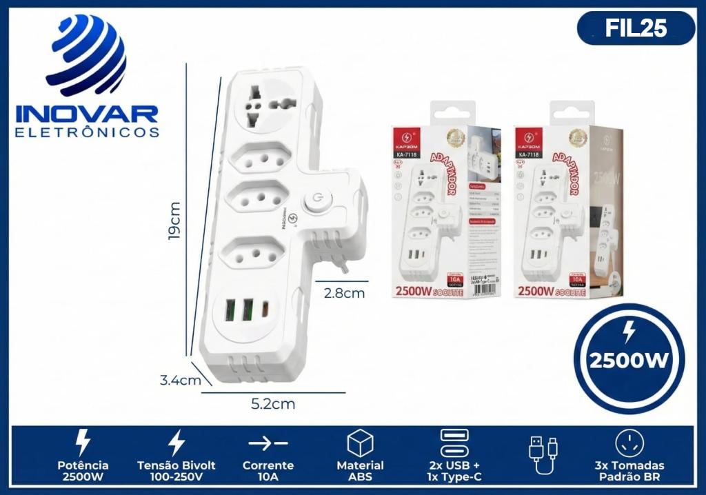 FIL 25 ADAPTADOR DE TOMADA MULTI 2 USB-A 1 USB-C 3 TOMADAS E 1 ADAPTADOR UNIVERSAL KA-7118