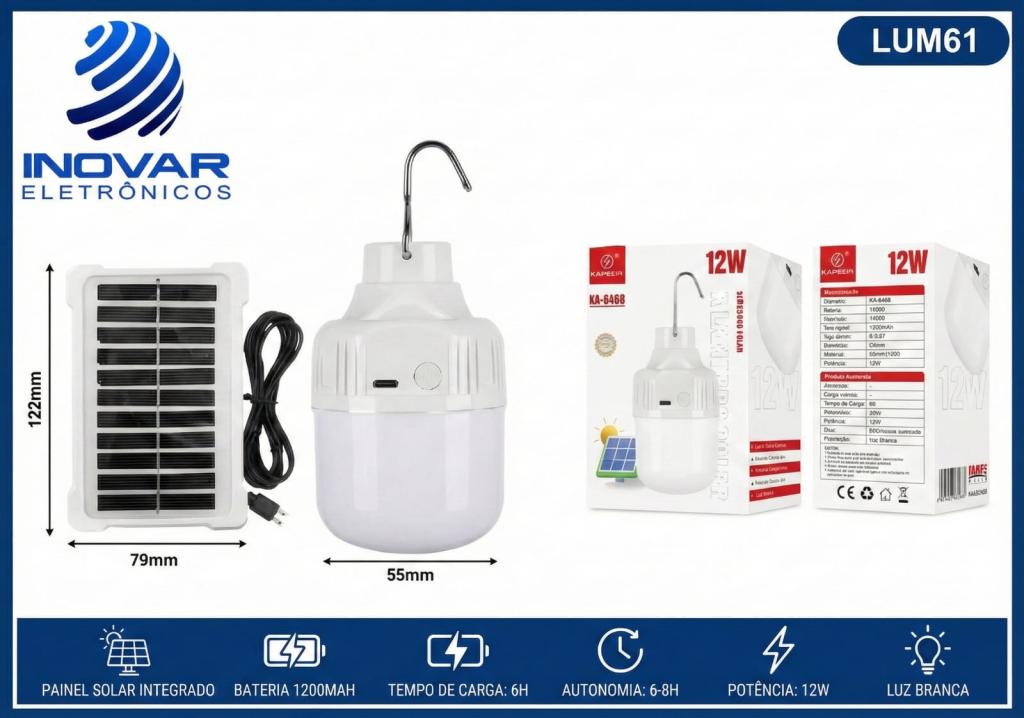 LUM 61 LAMPADA RECARREGAVEL COM PLACA SOLAR 12W KA-6468
