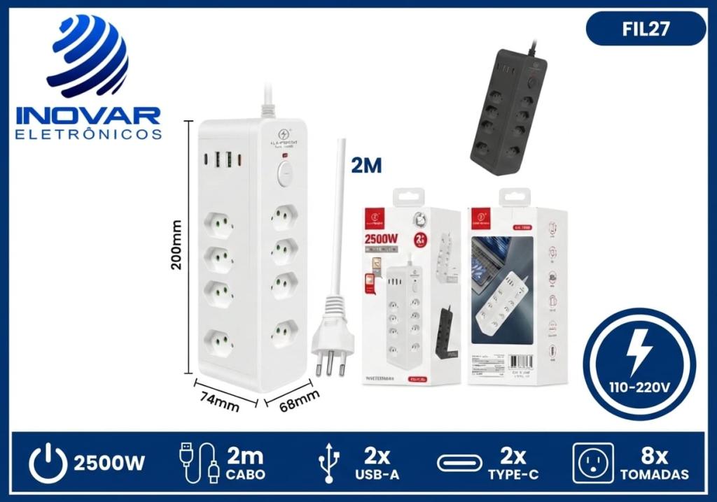 FIL 27 EXTENSAO COM BOTAO LIGA/DESLIGA 2 USB A 2 USB C E 8 TOMADA KA-7588