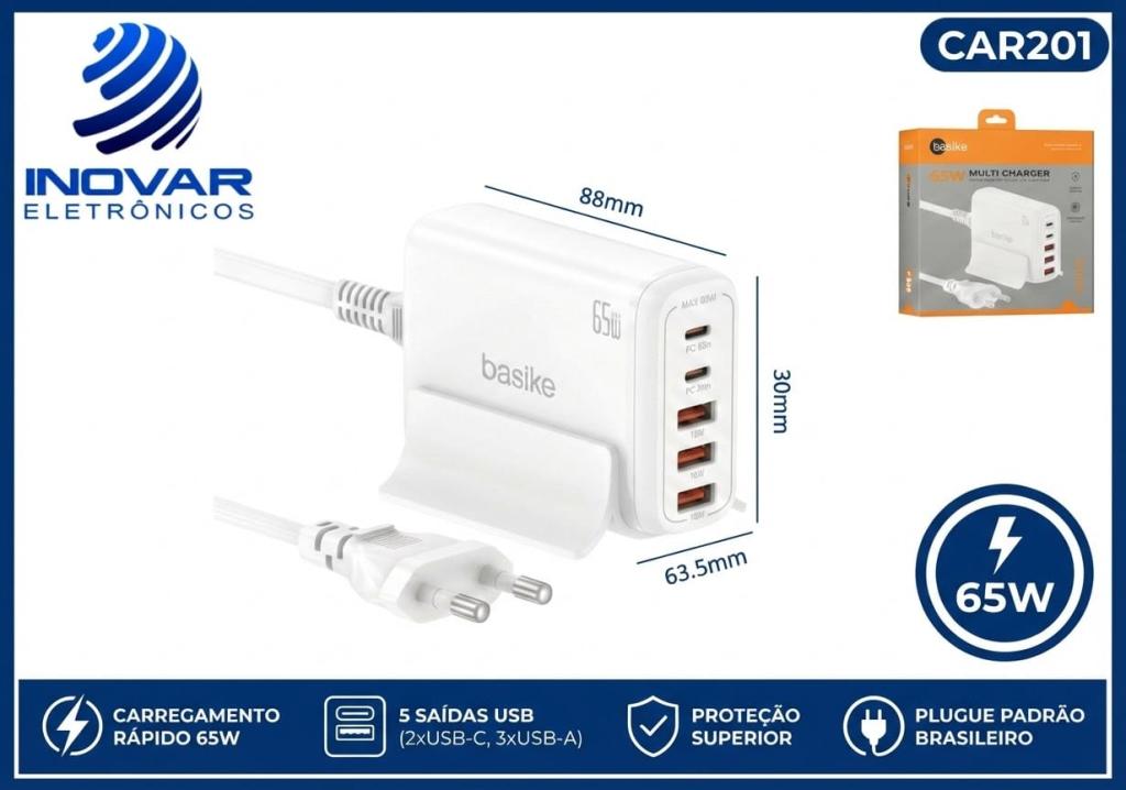 CAR 201 FONTE TURBO DE MESA PRO GAN 65W 5 SAIDAS 3 USB-A 2 USB-C PD E QC 3.0 CAR-270