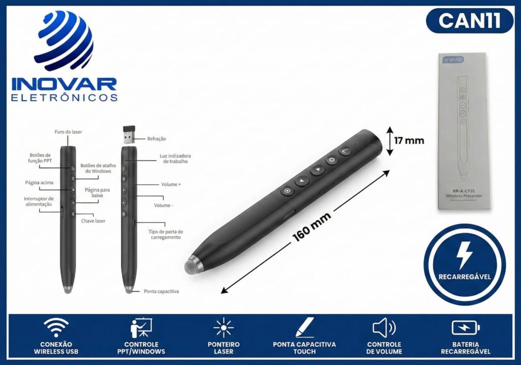 CAN 11 CANETA LASER PASSADORA DE SLIDES RECARREGAVEL BR-A-CP35