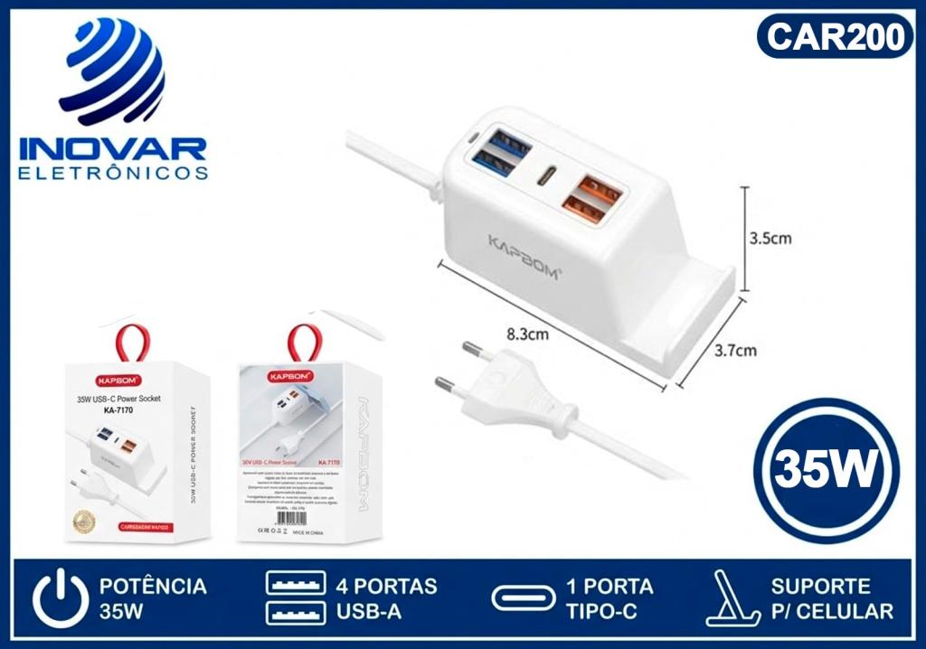 CAR 200 CARREGADOR HUB USB 4 USB-A 1 TIPO C 35W KA-7170