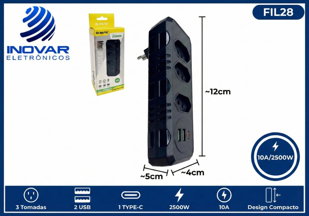 FIL 28 TOMADA DE ENERGIA 10A 2 USB 1 TIPO C BM-8702B