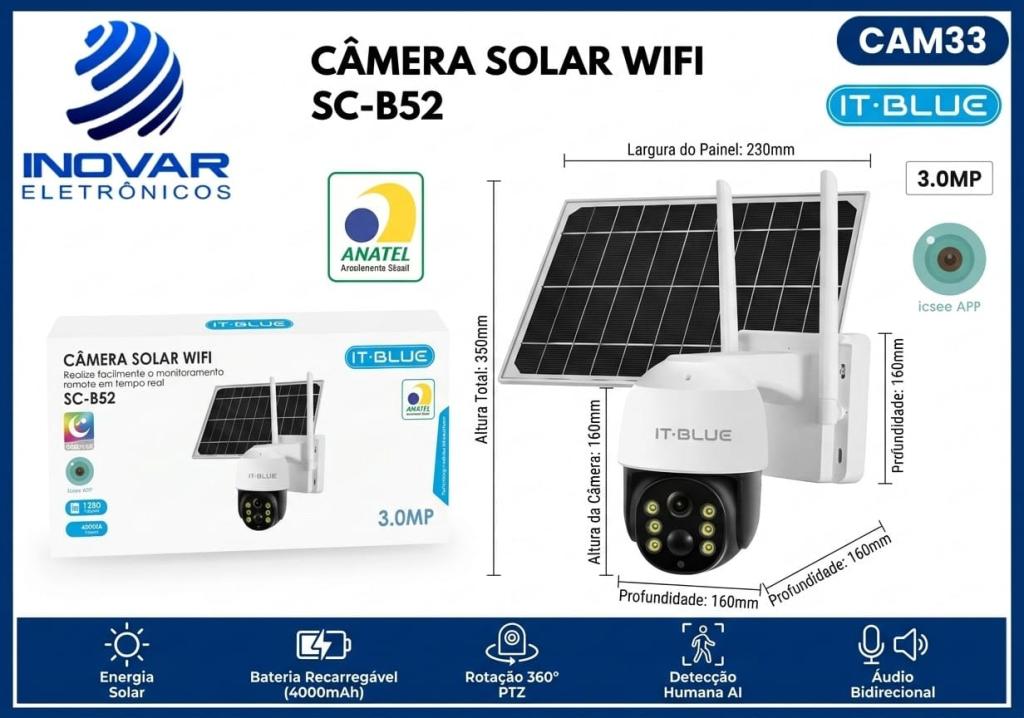 CAM 33 CAMERA WIFI 360 GRAUS COM PAINEL SOLAR SC-B52