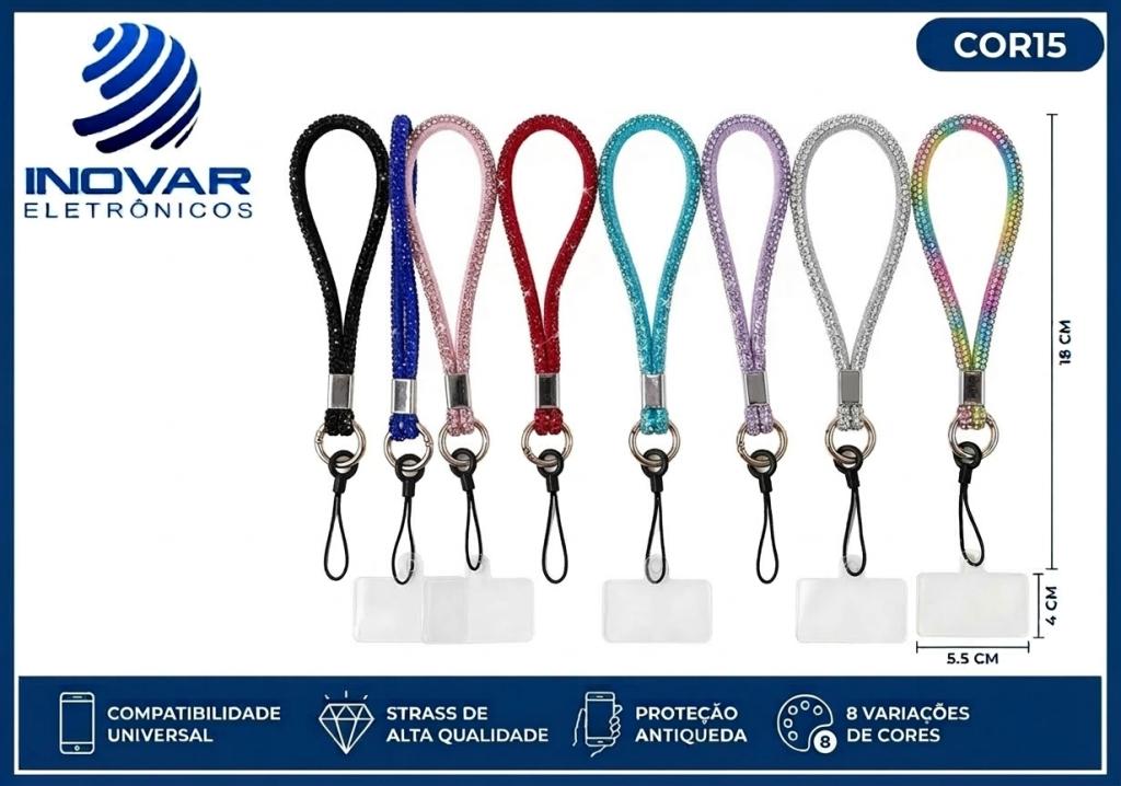 COR 15 CORDAO PARA CELULAR DE PULSO COM STRASS EM NYLON SJK 6850