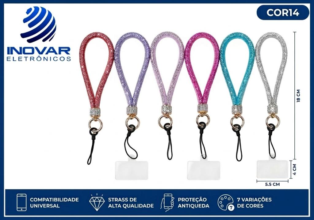 COR 14 CORDAO PARA CELULAR PULSO STRASS COM MOSQUETAO PRATA SJK 6843