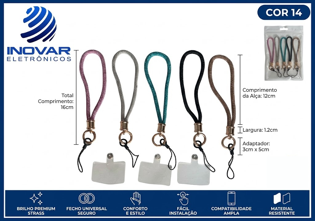 COR 14 CORDAO PARA CELULAR PULSO STRASS COM MOSQUETAO PRATA SJK 6843