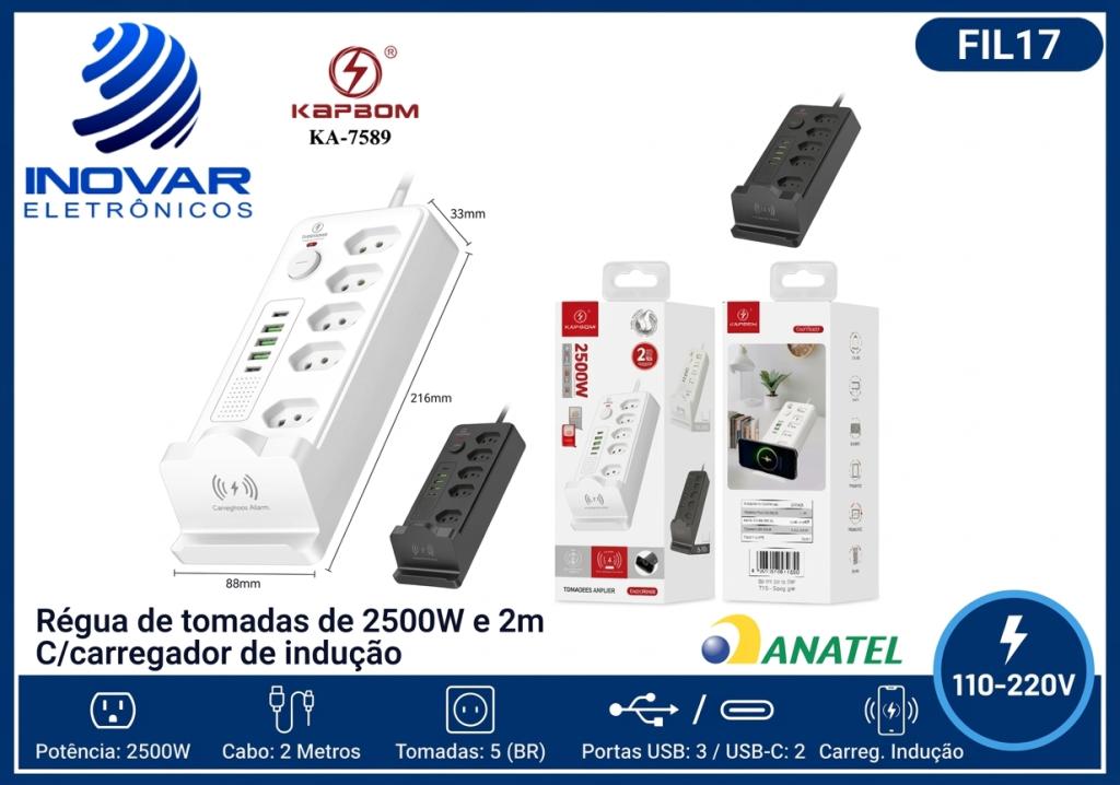 FIL 17 EXTENSÃO TOMADA 2 METROS 5 TOMADAS 3 USB-A 2 USB-C CARREGADOR POR INDUÇAO KA-7589