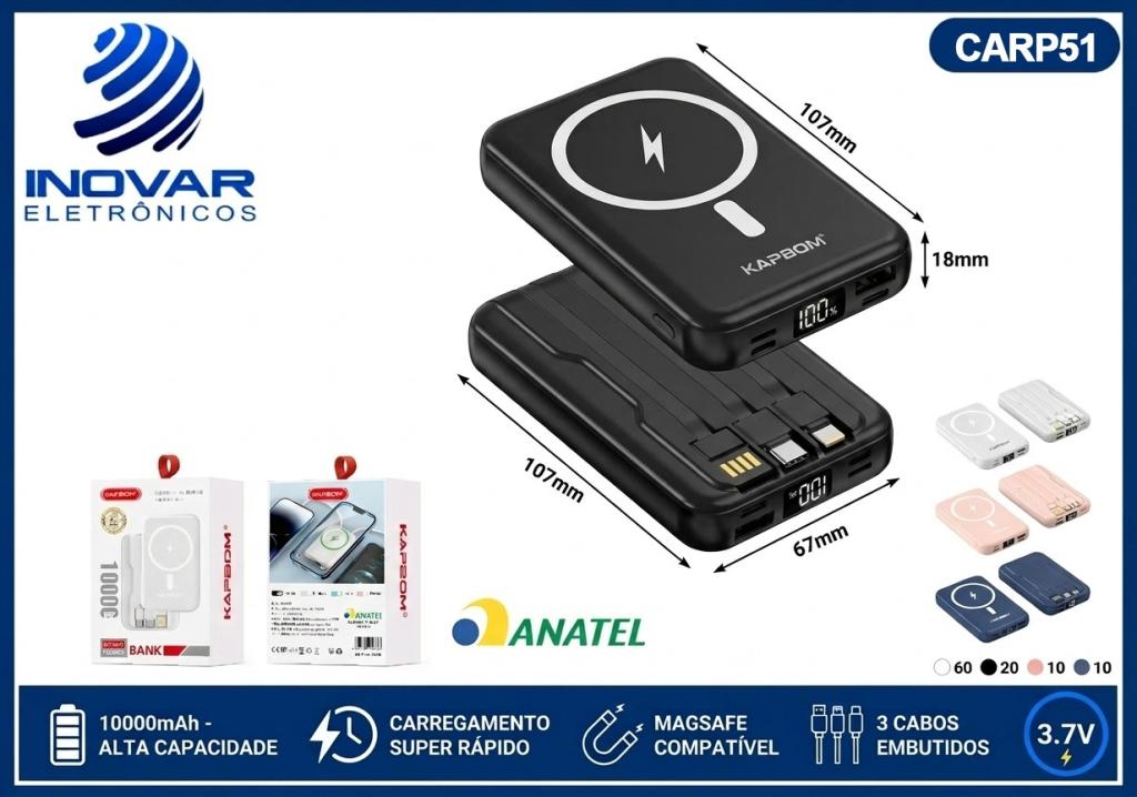 CARP 51 CARREGADOR PORTATIL 10000 mAh MAGNETICO COM CABOS KA-9919