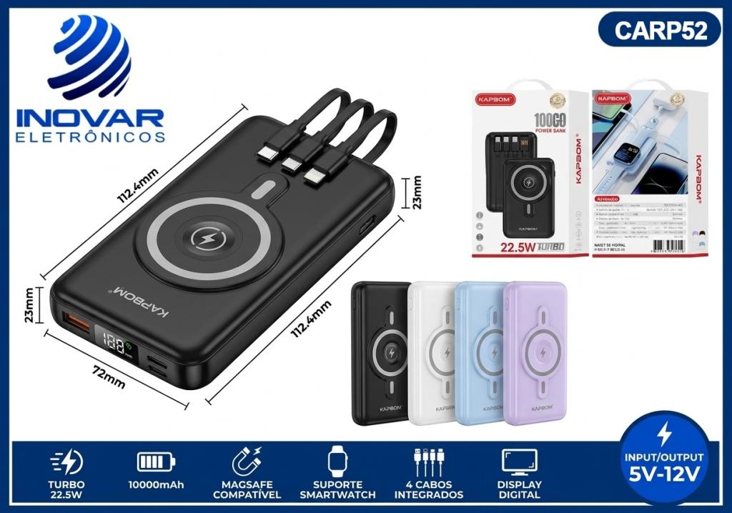 CARP 52 CARREGADOR PORTATIL 10000 mAh MAGNETICO COM CABOS 22.5W KA-9555