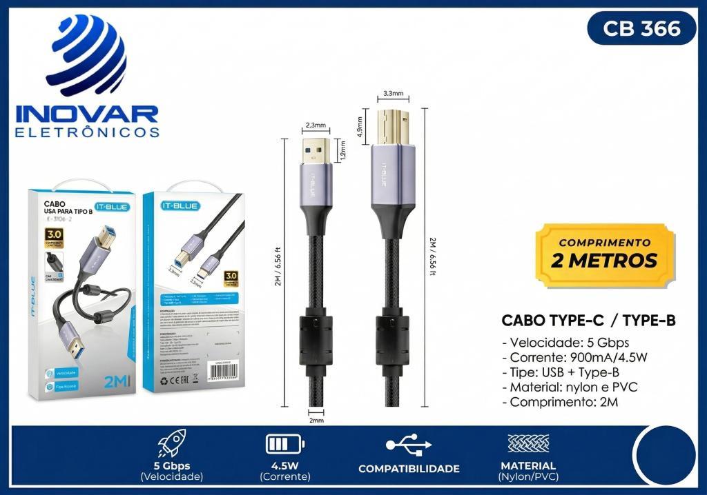 CB 366 CABO USB-C PARA IMPRESSORA 2 METROS LE-3107-2