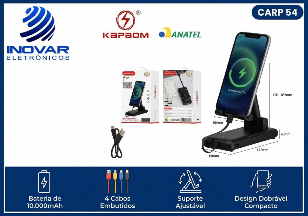 CARP 54 CARREGADOR PORTATIL COM SUPORTE E 4 CABOS EMBUTIDOS KA-957