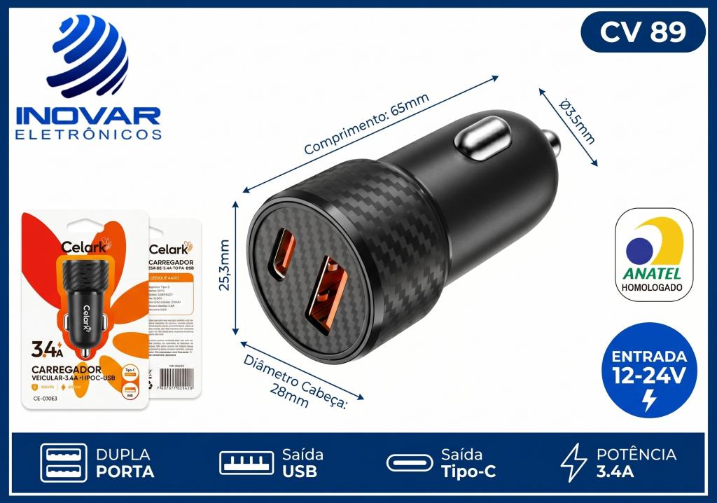 CV 89 CARREGADOR VEICULAR MINI 1 USB C 1 USB A CE-G1053