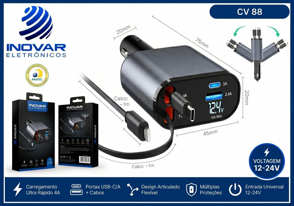 CV 88 CARREGADOR VEICULAR COM CABOS RETRATIL 120W C1