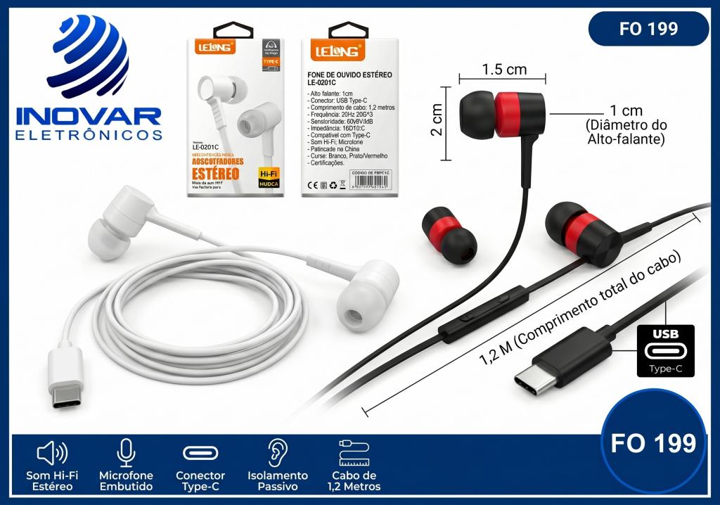 FO 199 FONE STEREO SOUND EARPHONES CONEXÃO TIPO C LE-0201C