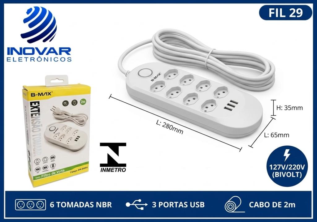 FIL 29 EXTENÇÃO 6 TOMADAS 3 USB 2 METROS BM-8698