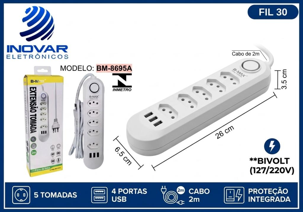 FIL 30 EXTENÇÃO 5 TOMADAS 3 USB 2 METROS BM-8695