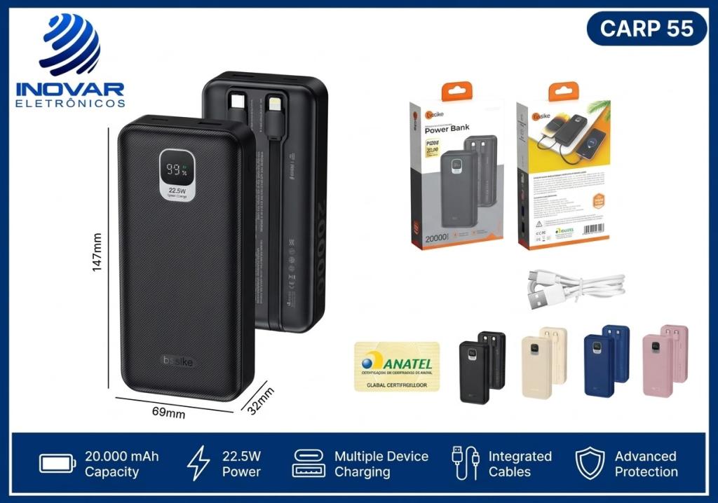 CARP 55 CARREGADOR PORTATIL TECNOLOGIA POWER DELIVERY 22,5W 20.000 mAh B-079B