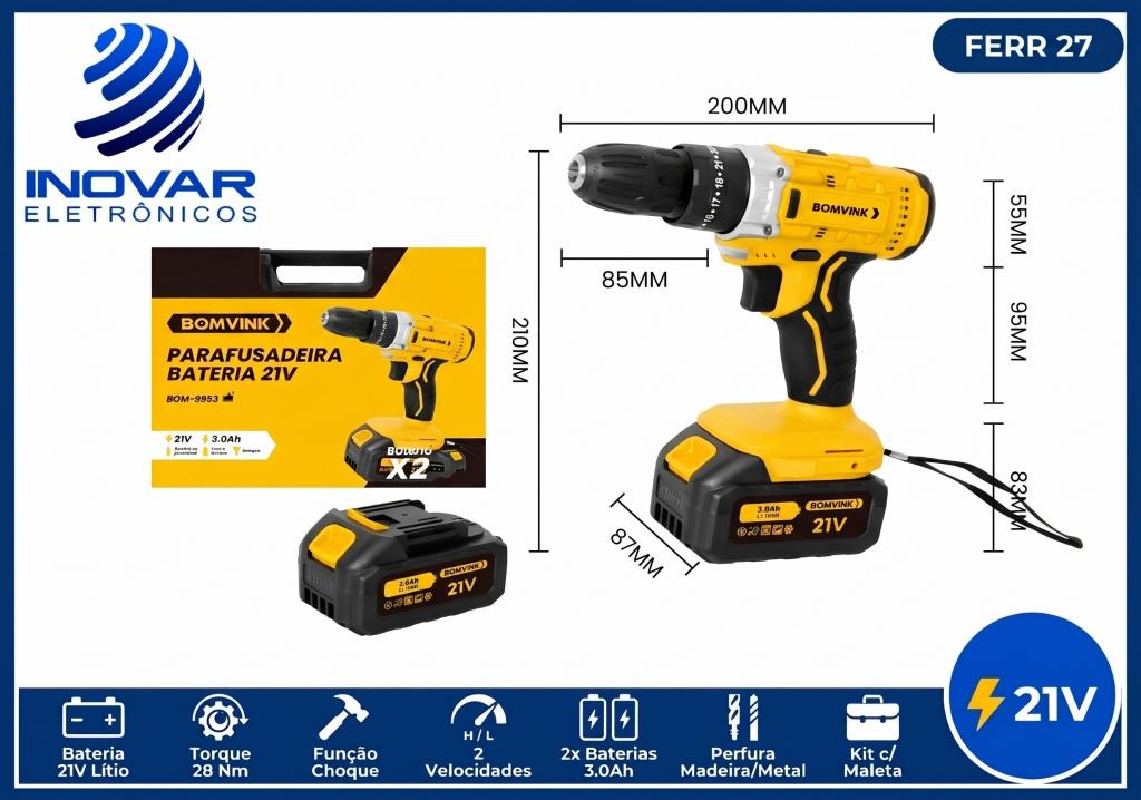 FERR 27 PARAFUSADEIRA A BATERIA 21V COM DUAS BATERIAS 3.0 ah BOM 9963