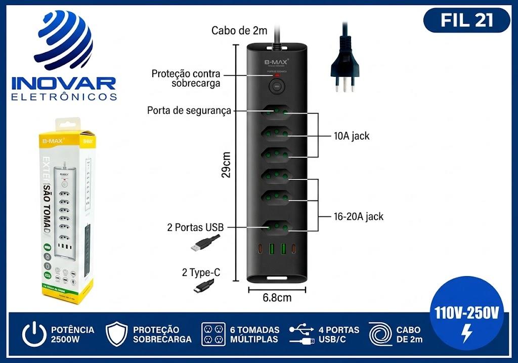 FIL 21 EXTENSÃO DE TOMADAS 6 TOMADAS (3 10A / 3 20A) 2 USB-A 2 USB-C CABO 2 METROS BM-8722