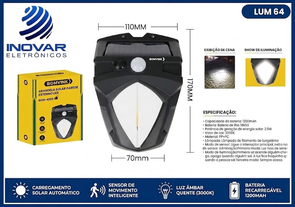LUM 64 ARANDELA SOLAR PAREDE EXTERNO LED BOM-4205