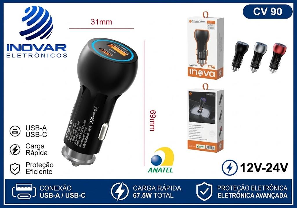 CV 90 CARREGADOR VEICULAR TURBO 67,5W USB A-22,5W USB-C 45W MD-13434
