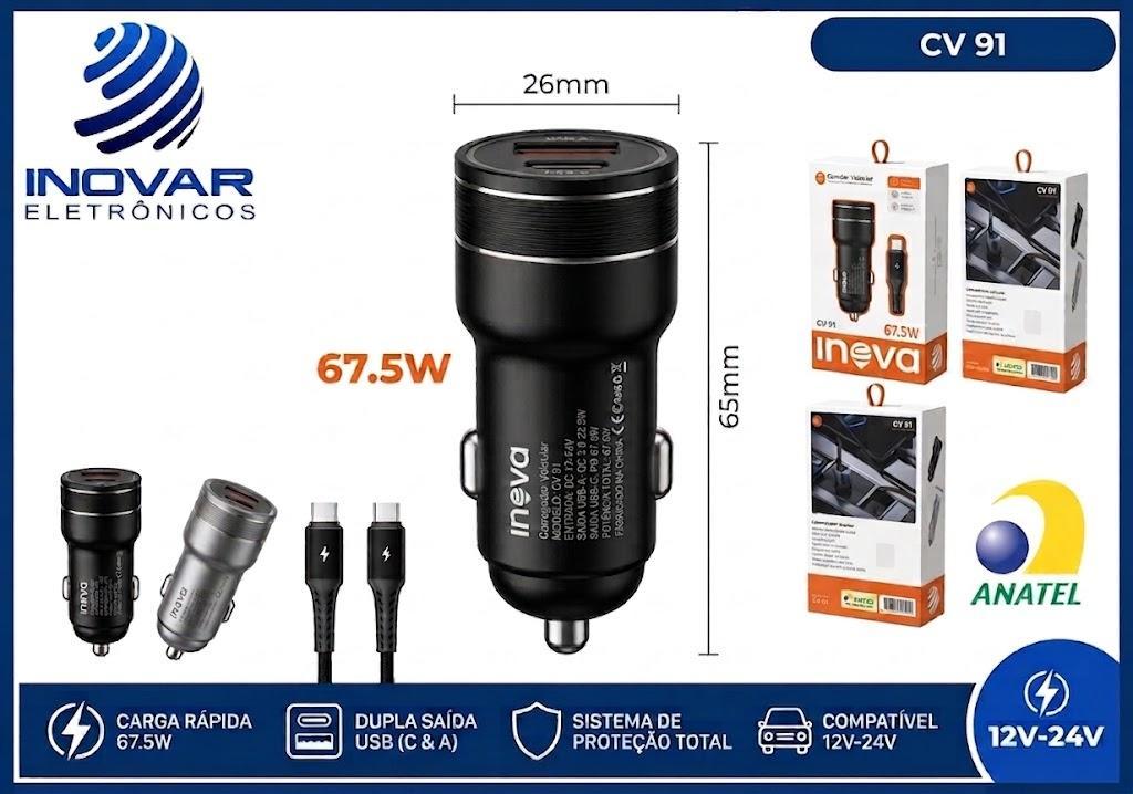 CV 91 CARREGADOR VEICULAR TURBO 67,5W USB A-22,5W USB-C 45W COM CABO TIPO C / TIPOC MD-13433 C