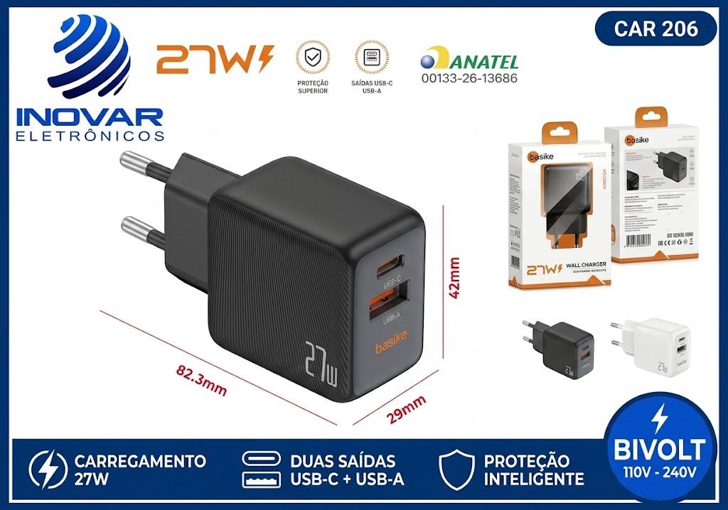 CAR 206 FONTE TURBO DUAS SAIDAS USB-C USB-A 27W MD-CAR 271